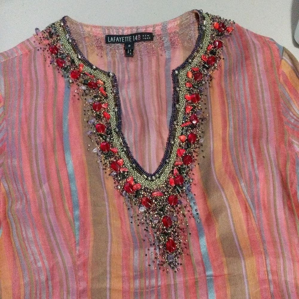 Lafayette 148 NY striped silk cotton blend heavily beaded yoke sheer blouse 8 - Picture 7 of 11